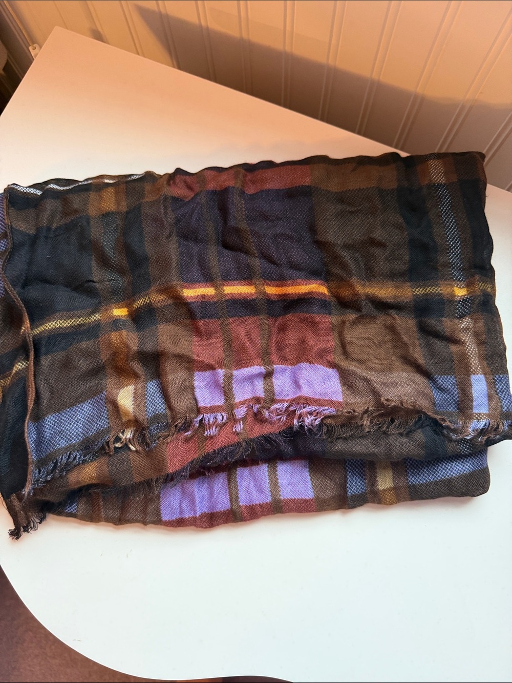 Vera Bradley Plaid Fringe Scarf in Brown, Purple, Blue